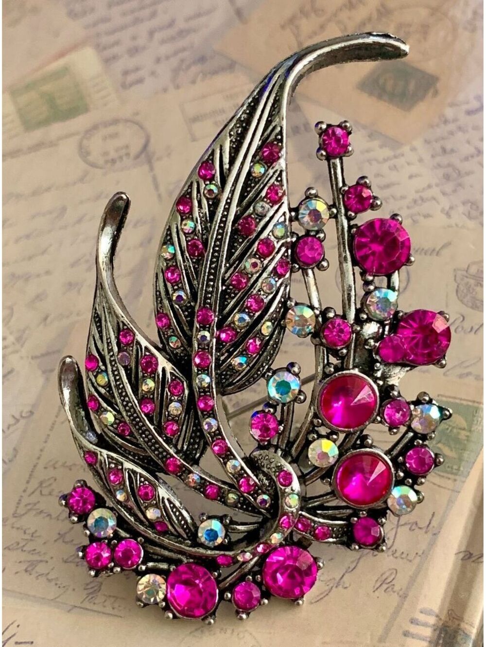 Sparkling Pink Rhinestone Leaf Brooch Pin - Glamorous Statement Jewelry